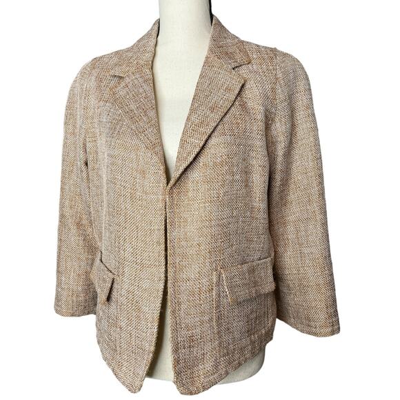 Talbots Tan Tweed Linen Blend Open Front Jacket 3/4 Sleeve Front Pockets Size 10 - Picture 1 of 4